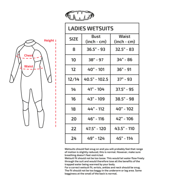 twf ladies wetsuits size chart